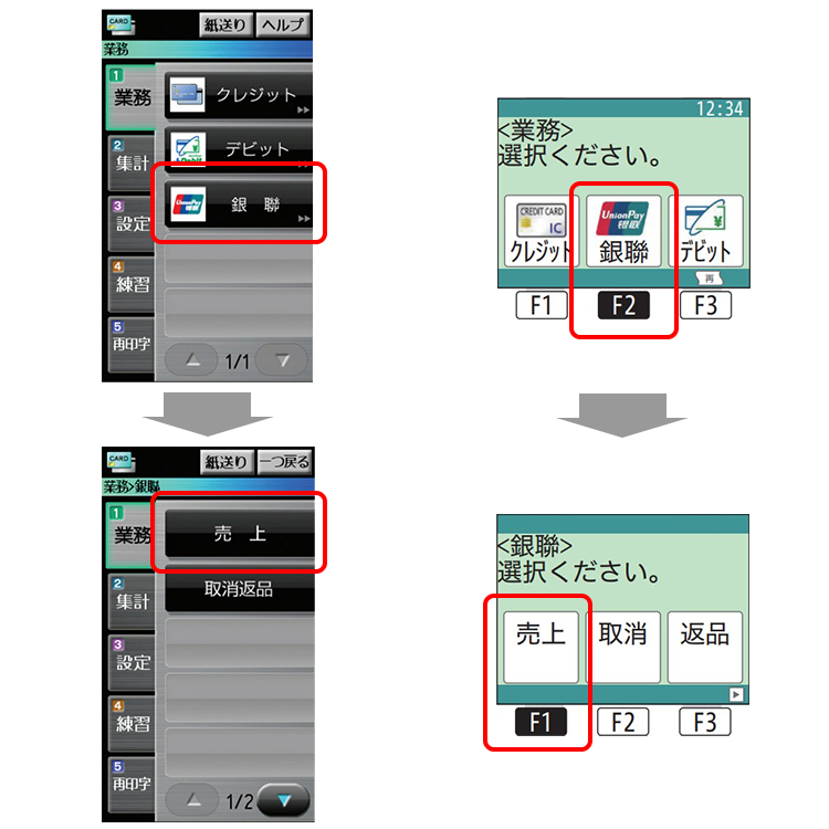 （１）業務画面から、「銀聯」→「売上」を選択します。